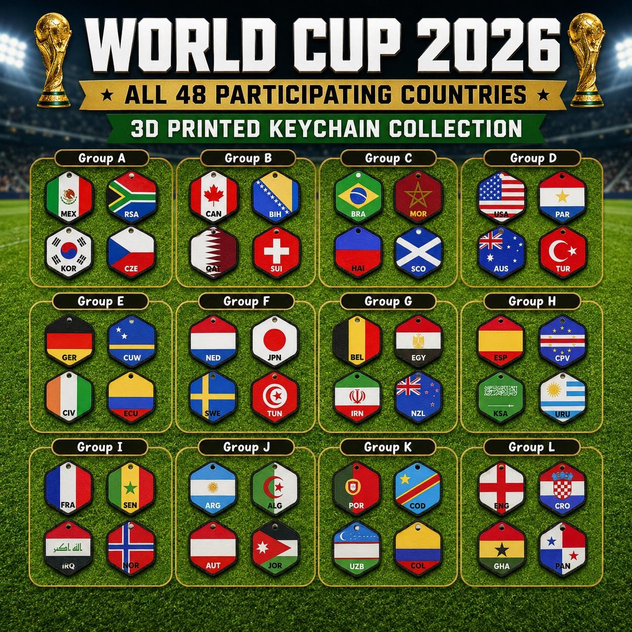 3D Printed Country Flag Keychain, World Cup 2026 Soccer Fan Bag Charm