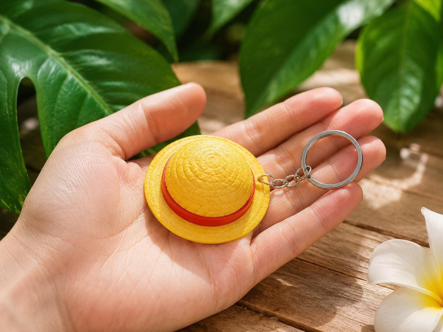 3D Printed Straw Hat Keychain, Yellow Red Band Anime Accessory, Backpack Charm angle 2