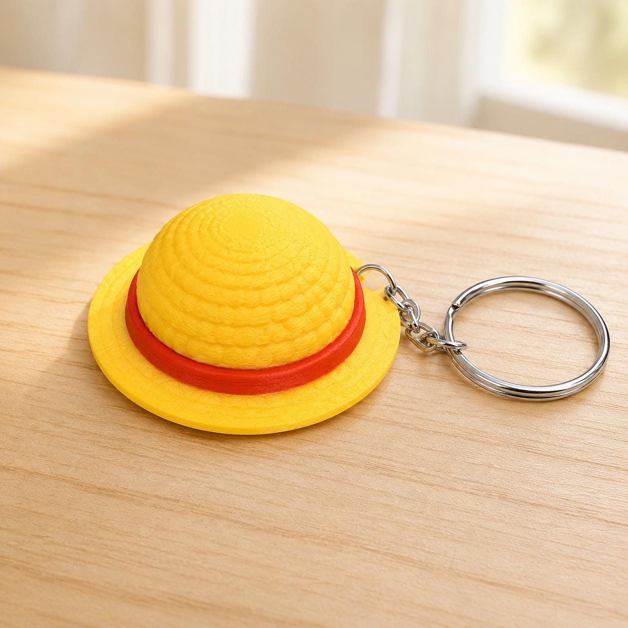 3D Printed Straw Hat Keychain, Yellow Red Band Anime Accessory, Backpack Charm angle 3