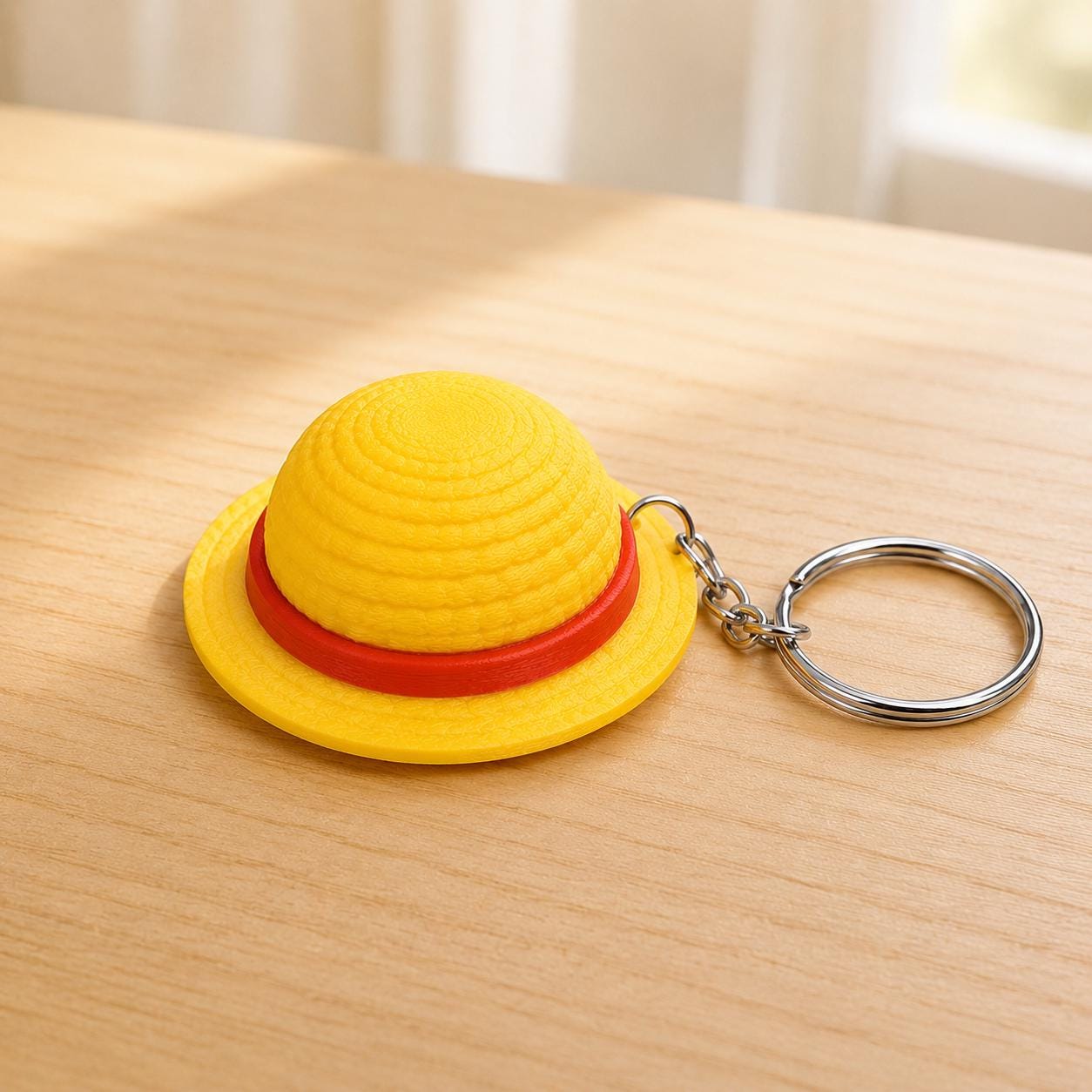 3D Printed Straw Hat Keychain, Yellow Red Band Anime Accessory, Backpack Charm angle 5