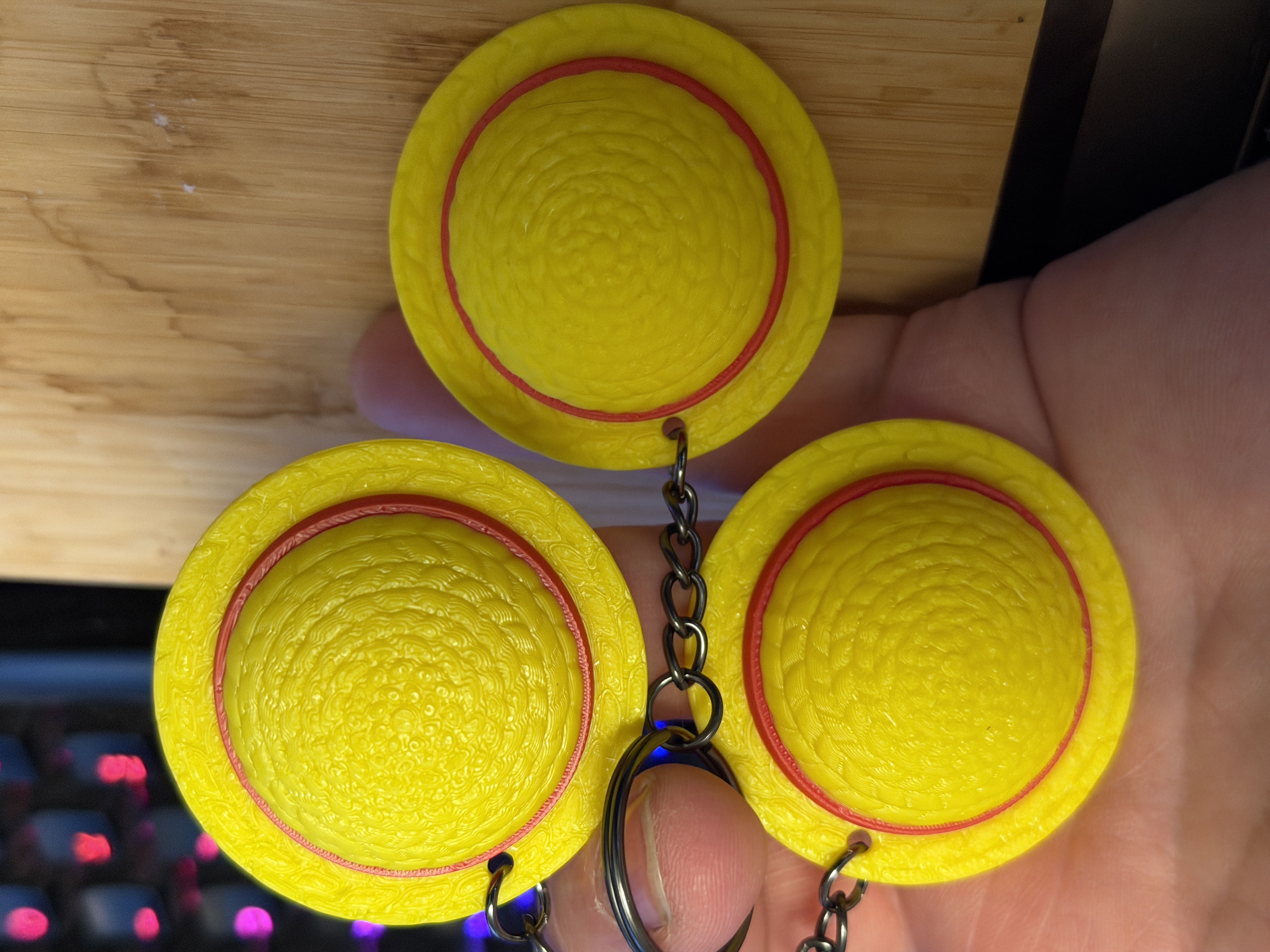 3D Printed Straw Hat Keychain, Yellow Red Band Anime Accessory, Bag Charm angle 7