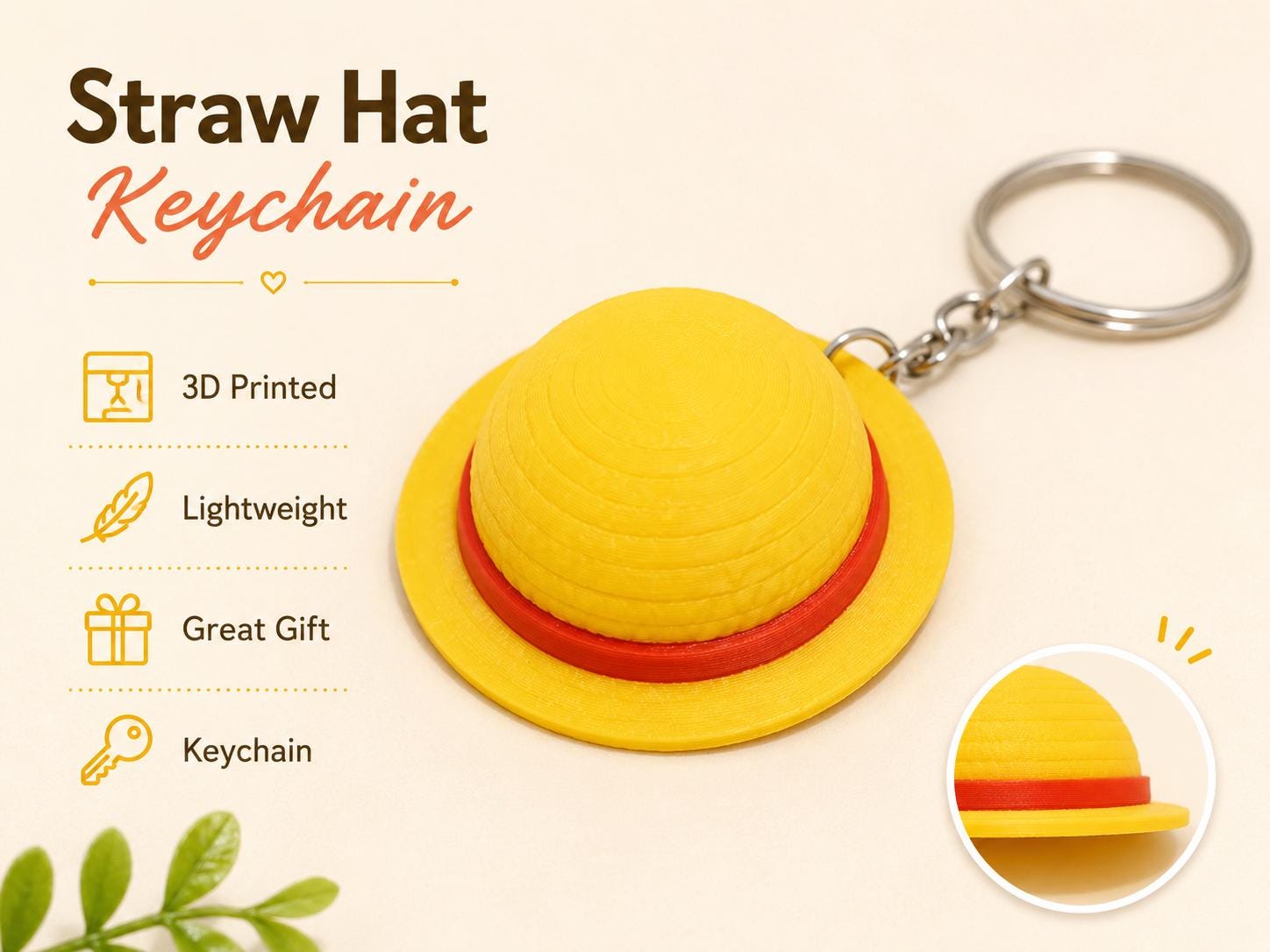 3D Printed Straw Hat Keychain, Yellow Red Band Anime Accessory, Backpack Charm