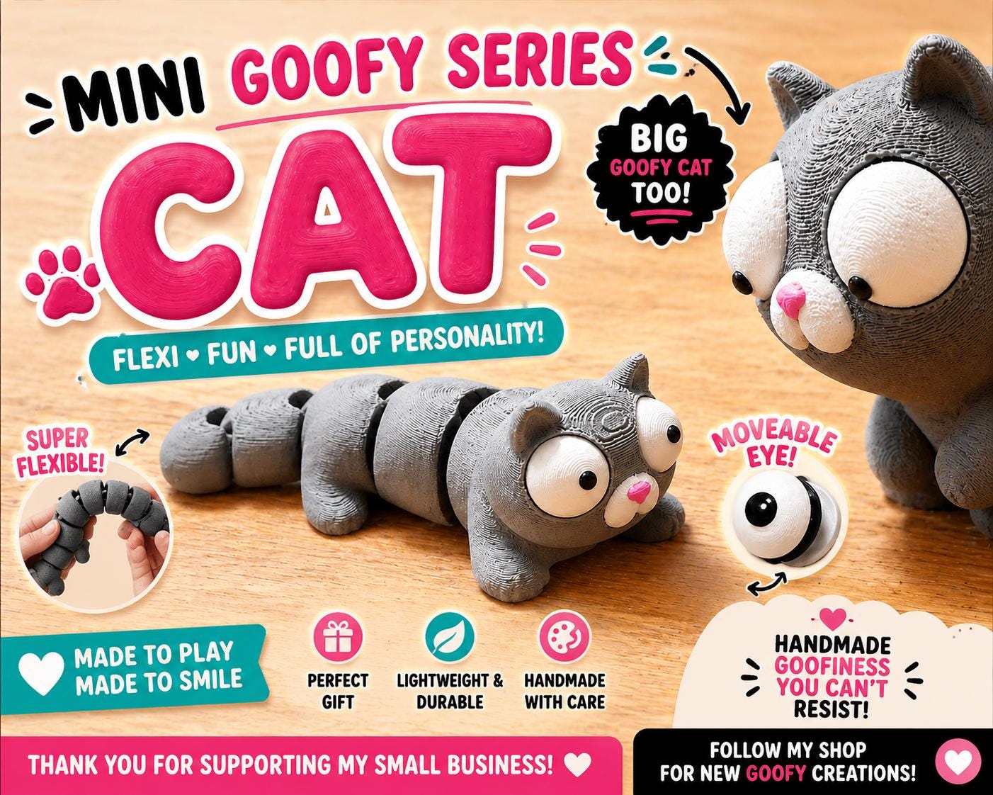 Flexi Goofy Series 3D Printed Animal Toy, Cute Flexible Desk Buddy, Funny Fidget Figure, Random Wheel Spin Option angle 2