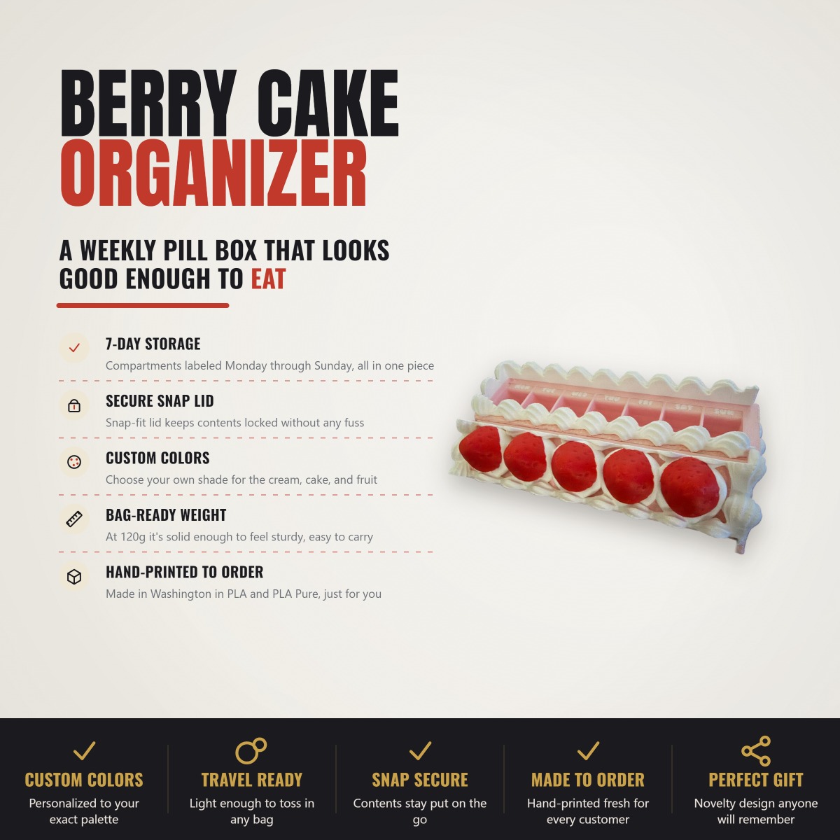 Berry Cake Pill Organizer — 7-Day Storage Container hero