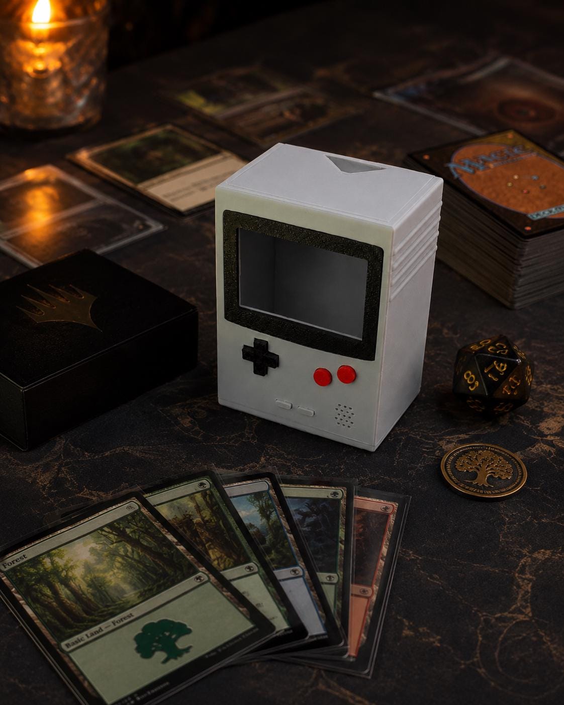 Game Boy Style MTG Deck Box | Commander, 100+ Double Sleeved Cards, 3D Printed angle 5