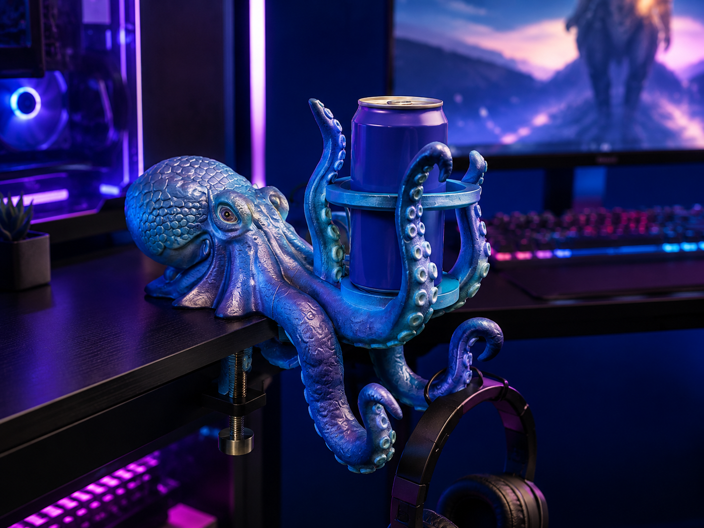 Octopus Desk Can Holder & Headphone Hanger – 3D Printed Clamp-On Desk Organizer angle 2